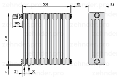 Схема (чертеж) Радиатор Zehnder Charleston 5075/11 №V001 Белый глянцевый RAL 9016